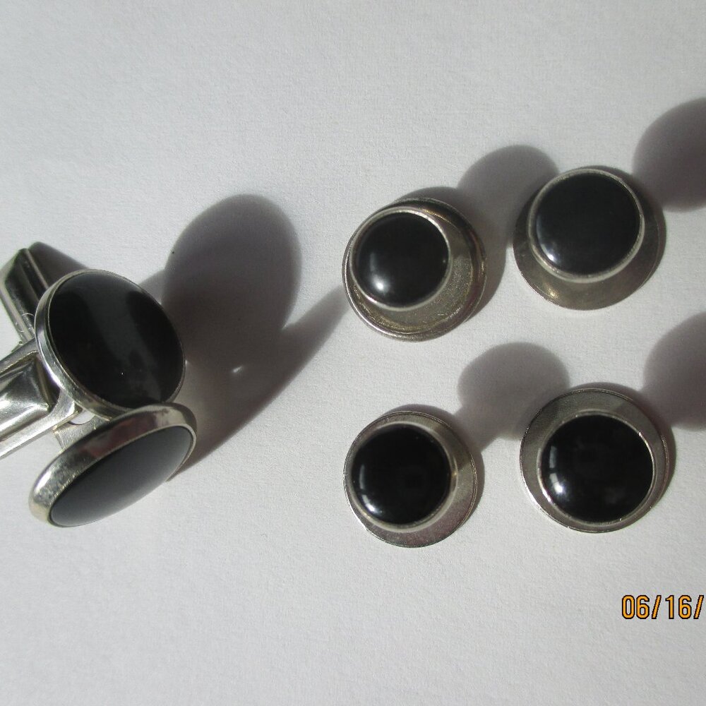 Vintage Tuxedo Button/Studs-Silver Tone. Black stone. Formal Wear